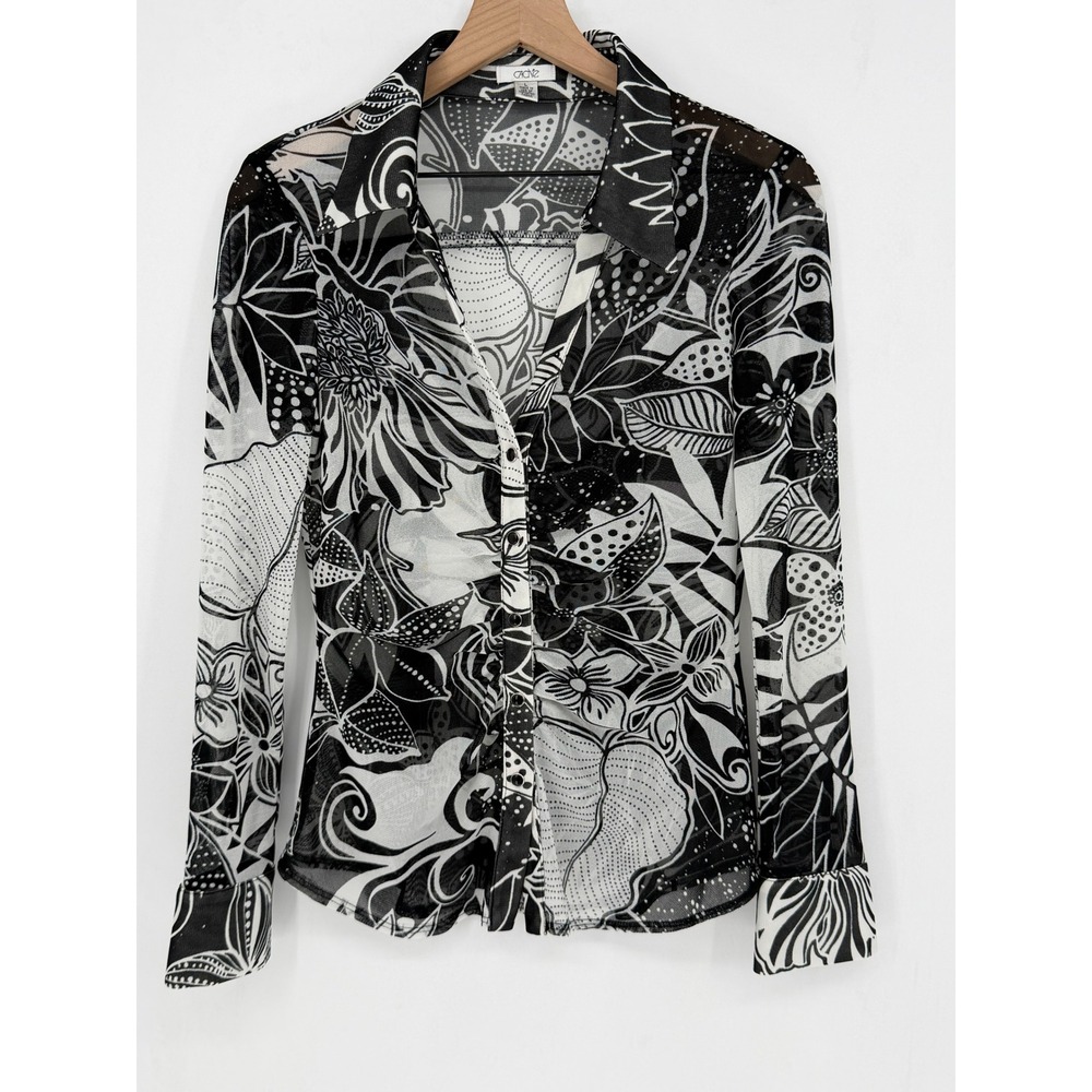 Cache Mesh Top Women Large Black White Floral Long Sleeve Ruched Button Vintage